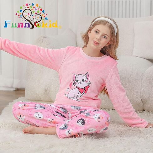 Funnycokid الفتيات بيجامة من الصوف مجموعة الاطفال لينة الفانيلا Pjs البلوز أعلى السراويل المتسكعون حجم 7-14 in Kuwait