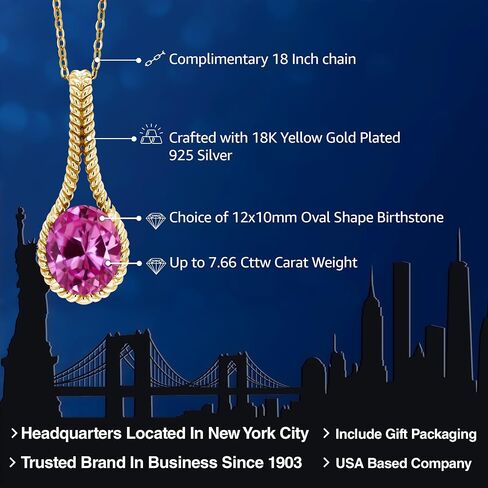 قلادة من Gem Stone King مطلية بالذهب الأصفر عيار 18 قيراط 925 فضية مخصصة وشخصية بيضاوية 12 × 10 مم من الأحجار الكريمة مع سلسلة 18 بوصة in Saudi Arabia