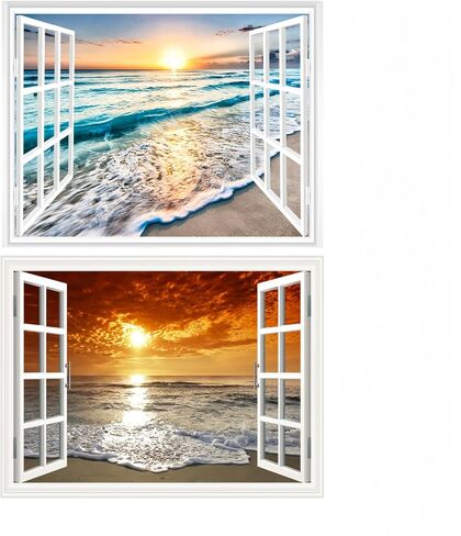 قطعتان من ملصقات الحائط للنافذة المزيفة ذاتية اللصق ثلاثية الأبعاد على شكل جزيرة استوائية مع أشجار النخيل، لوحة جدارية لتزيين المنزل (شروق الشمس وغروبها، 17.3 بوصة × 27.6 بوصة) in Kuwait