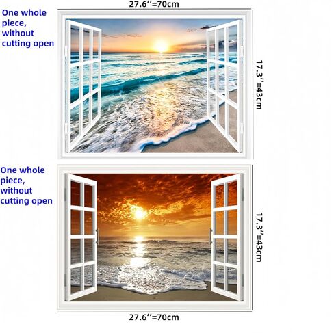 قطعتان من ملصقات الحائط للنافذة المزيفة ذاتية اللصق ثلاثية الأبعاد على شكل جزيرة استوائية مع أشجار النخيل، لوحة جدارية لتزيين المنزل (شروق الشمس وغروبها، 17.3 بوصة × 27.6 بوصة) in Kuwait