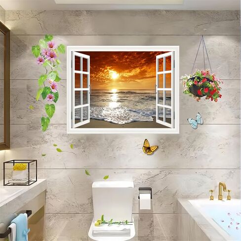 قطعتان من ملصقات الحائط للنافذة المزيفة ذاتية اللصق ثلاثية الأبعاد على شكل جزيرة استوائية مع أشجار النخيل، لوحة جدارية لتزيين المنزل (شروق الشمس وغروبها، 17.3 بوصة × 27.6 بوصة) in Kuwait