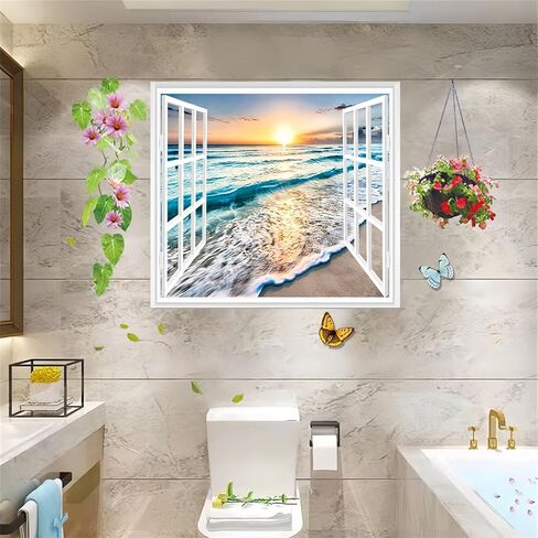 قطعتان من ملصقات الحائط للنافذة المزيفة ذاتية اللصق ثلاثية الأبعاد على شكل جزيرة استوائية مع أشجار النخيل، لوحة جدارية لتزيين المنزل (شروق الشمس وغروبها، 17.3 بوصة × 27.6 بوصة) in Kuwait