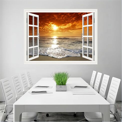 قطعتان من ملصقات الحائط للنافذة المزيفة ذاتية اللصق ثلاثية الأبعاد على شكل جزيرة استوائية مع أشجار النخيل، لوحة جدارية لتزيين المنزل (شروق الشمس وغروبها، 17.3 بوصة × 27.6 بوصة) in Kuwait