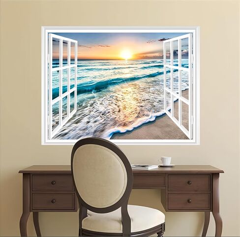 قطعتان من ملصقات الحائط للنافذة المزيفة ذاتية اللصق ثلاثية الأبعاد على شكل جزيرة استوائية مع أشجار النخيل، لوحة جدارية لتزيين المنزل (شروق الشمس وغروبها، 17.3 بوصة × 27.6 بوصة) in Kuwait