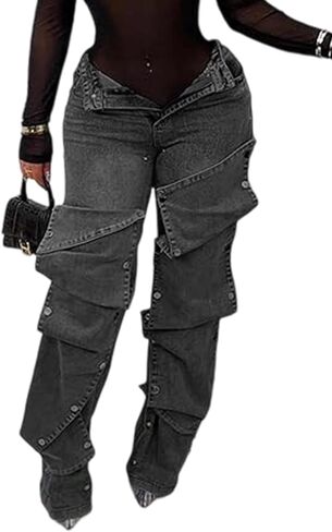 Tbahhir Baggy Cargo Jeans for Women Distressed Irregular High Waisted Wide Leg Boyfriend Y2K Denim Pants with Pockets in Kuwait