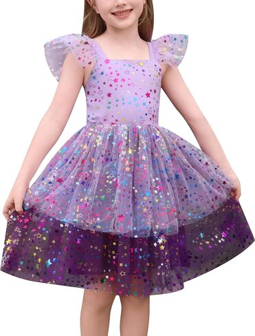 IMEKIS Toddler Kids Girls Sparkly Stars Dress Ruffle Sleeve Tulle Tutu Formal Birthday Party Dresses 1-6T in Saudi Arabia