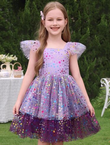 IMEKIS Toddler Kids Girls Sparkly Stars Dress Ruffle Sleeve Tulle Tutu Formal Birthday Party Dresses 1-6T in Saudi Arabia