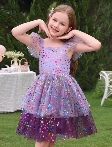 IMEKIS Toddler Kids Girls Sparkly Stars Dress Ruffle Sleeve Tulle Tutu Formal Birthday Party Dresses 1-6T in Saudi Arabia