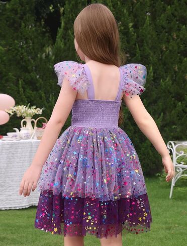 IMEKIS Toddler Kids Girls Sparkly Stars Dress Ruffle Sleeve Tulle Tutu Formal Birthday Party Dresses 1-6T in Saudi Arabia