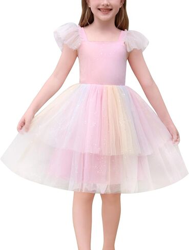 IMEKIS Toddler Kids Girls Sparkly Stars Dress Ruffle Sleeve Tulle Tutu Formal Birthday Party Dresses 1-6T in Saudi Arabia