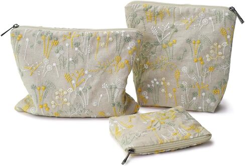 Small Makeup Bag 3-Piece Set, Floral Cotton Embroidered Travel Organizer (Boho Original Design), Perfect for Walking, Commuting, Birthday Gifts for Women in Saudi Arabia