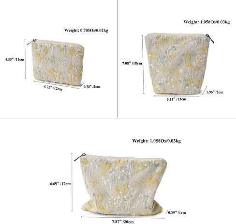 Small Makeup Bag 3-Piece Set, Floral Cotton Embroidered Travel Organizer (Boho Original Design), Perfect for Walking, Commuting, Birthday Gifts for Women in Saudi Arabia