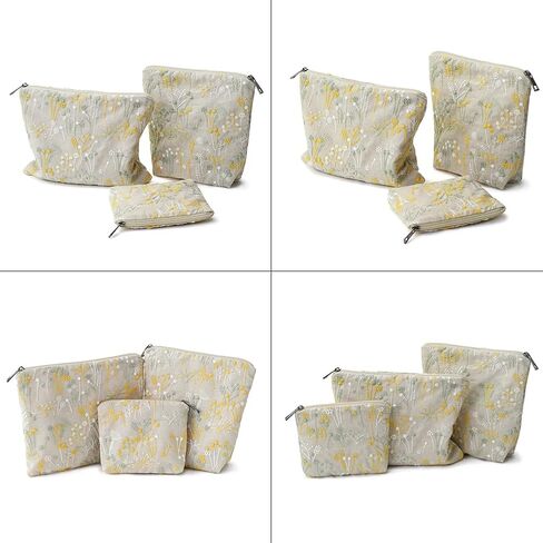 Small Makeup Bag 3-Piece Set, Floral Cotton Embroidered Travel Organizer (Boho Original Design), Perfect for Walking, Commuting, Birthday Gifts for Women in Saudi Arabia