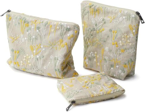 Small Makeup Bag 3-Piece Set, Floral Cotton Embroidered Travel Organizer (Boho Original Design), Perfect for Walking, Commuting, Birthday Gifts for Women in Saudi Arabia