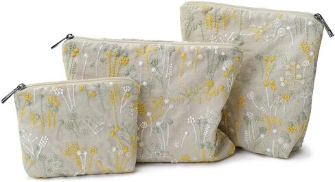 Small Makeup Bag 3-Piece Set, Floral Cotton Embroidered Travel Organizer (Boho Original Design), Perfect for Walking, Commuting, Birthday Gifts for Women in Saudi Arabia