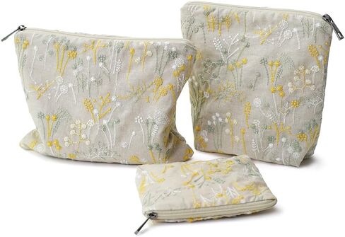Small Makeup Bag 3-Piece Set, Floral Cotton Embroidered Travel Organizer (Boho Original Design), Perfect for Walking, Commuting, Birthday Gifts for Women in Saudi Arabia