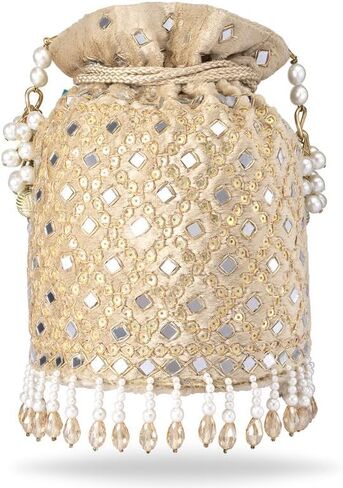 Aheli White Potli Purses Gift for Women Handmade Evening Handbag Stylish Bridal Fashion Wristlet Bag in Saudi Arabia