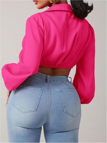 SweatyRocks Women's Twist Low Cut Cropped Blouses Collar Lantern Long Sleeve Shirts in Saudi Arabia