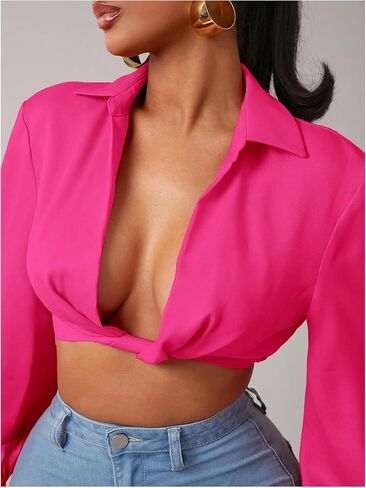 SweatyRocks Women's Twist Low Cut Cropped Blouses Collar Lantern Long Sleeve Shirts in Saudi Arabia
