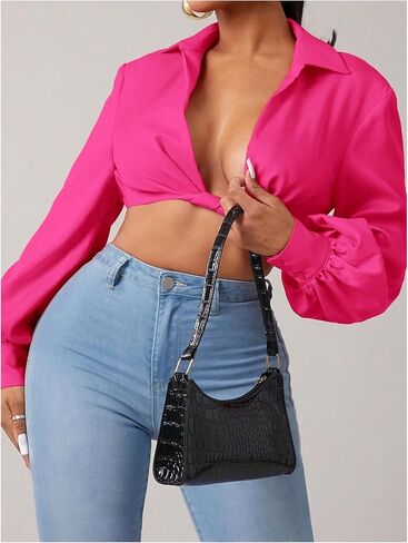 SweatyRocks Women's Twist Low Cut Cropped Blouses Collar Lantern Long Sleeve Shirts in Saudi Arabia