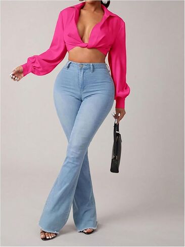 SweatyRocks Women's Twist Low Cut Cropped Blouses Collar Lantern Long Sleeve Shirts in Saudi Arabia