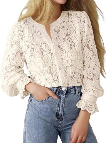 GORGLITTER Women's Lace Button Up Shirts Dressy Casual Sheer Bishop Long Sleeve Blouses Summer Tops Going Out Outfits in Saudi Arabia