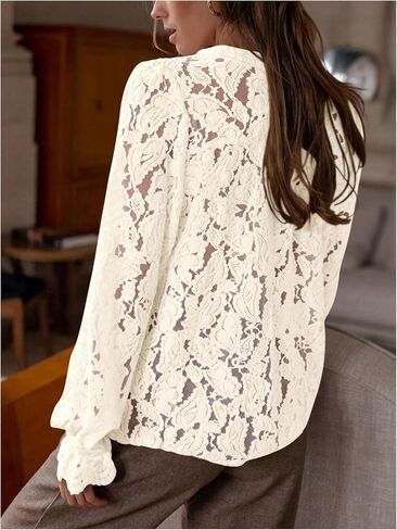 GORGLITTER Women's Lace Button Up Shirts Dressy Casual Sheer Bishop Long Sleeve Blouses Summer Tops Going Out Outfits in Saudi Arabia