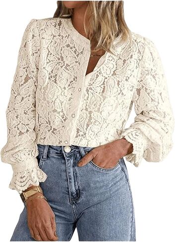 GORGLITTER Women's Lace Button Up Shirts Dressy Casual Sheer Bishop Long Sleeve Blouses Summer Tops Going Out Outfits in Saudi Arabia