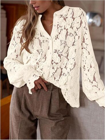 GORGLITTER Women's Lace Button Up Shirts Dressy Casual Sheer Bishop Long Sleeve Blouses Summer Tops Going Out Outfits in Saudi Arabia