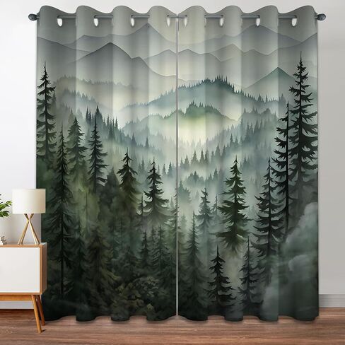 Forest Green Blackout Curtains Patterned Misty Nature Rustic Grommet Window Drapes for Bedroom Living Room Kitchen, Black Out 84 Inch Length 2 Panels Set, 84 X 52 Inch in Saudi Arabia