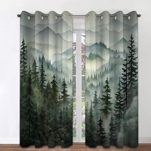 Forest Green Blackout Curtains Patterned Misty Nature Rustic Grommet Window Drapes for Bedroom Living Room Kitchen, Black Out 84 Inch Length 2 Panels Set, 84 X 52 Inch in Saudi Arabia