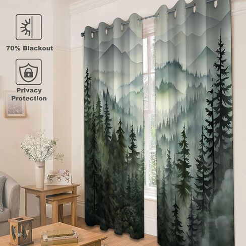 Forest Green Blackout Curtains Patterned Misty Nature Rustic Grommet Window Drapes for Bedroom Living Room Kitchen, Black Out 84 Inch Length 2 Panels Set, 84 X 52 Inch in Saudi Arabia
