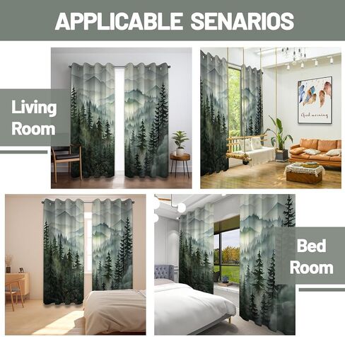 Forest Green Blackout Curtains Patterned Misty Nature Rustic Grommet Window Drapes for Bedroom Living Room Kitchen, Black Out 84 Inch Length 2 Panels Set, 84 X 52 Inch in Saudi Arabia