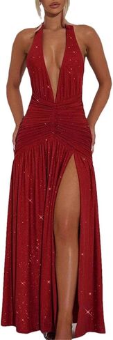 Women's Deep V-Neck Waist Hugging and Floor Slimming Dress, Solid Color Casual Waist Cinching Party Dress in Saudi Arabia