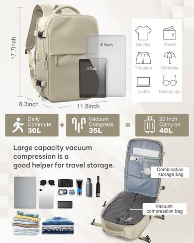 suwasp Vacuum Compression Backpack, 45L Expandable Travel Backpack with Electric Vacpack Pump, Travel Vacuum Bags with Shoe Compartment/17inch Laptop Compartment/USB Port, Grey in Kuwait