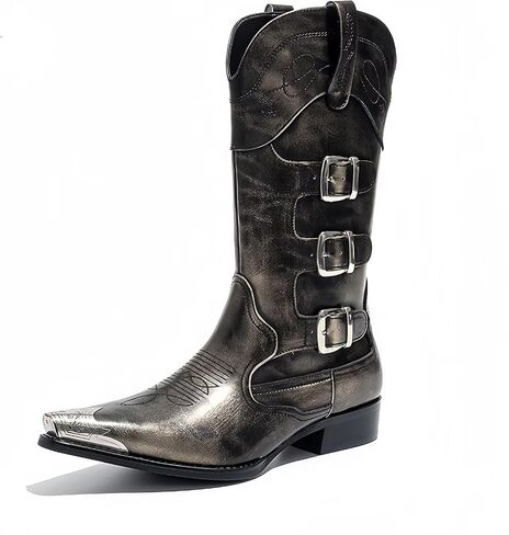 Men’s Western Cowboy Boots with Triple Buckle Straps, Pointed Toe, Durable Leather Riding Boots in Saudi Arabia