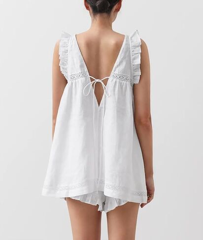 Mxiqqpltky الكتان منامة المرأة مجموعة أكمام الدانتيل تقليم تانك القمم و سراويل بوكسر Y2k كشكش مطابقة مجموعات صالة الشاطئ مجموعة in Kuwait