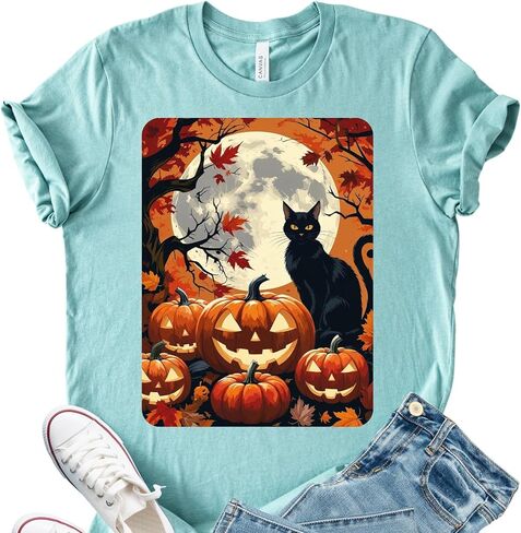 Full Moon Halloween Cat Shirt Pumpkin Fall Vibes T-Shirt October Witchy Autumn Graphic Tee in Saudi Arabia