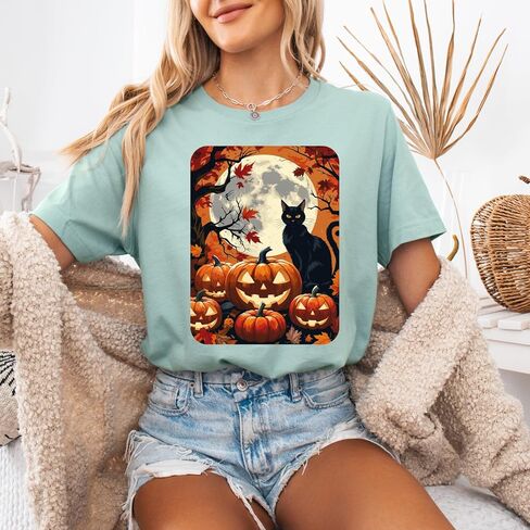 Full Moon Halloween Cat Shirt Pumpkin Fall Vibes T-Shirt October Witchy Autumn Graphic Tee in Saudi Arabia