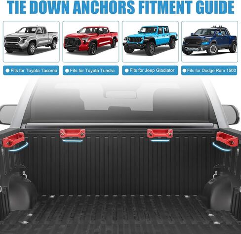 مرساة ربط لسرير الشاحنة من الألومنيوم مناسبة لسيارة Toyota Tacoma/Tundra/Jeep Gladiator/Dodge Ram 1500 ملحقات حاجز السرير، وصواميل T وسكك السرير ومرابط المقطورات وخطاف الشحن وحلقة D (أحمر، 4 قطع) in Kuwait