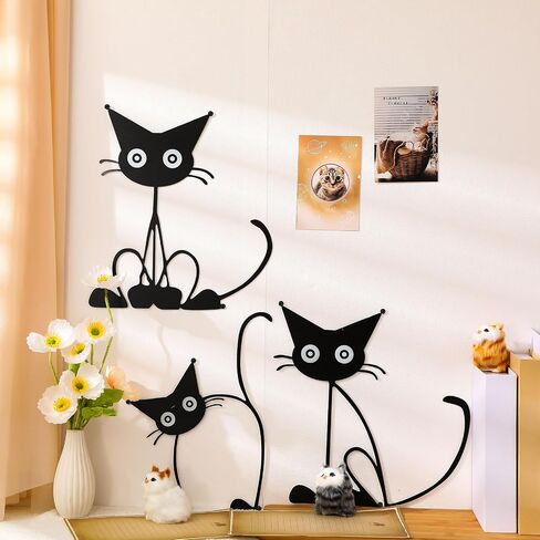 Threehoney Three Black Cat Wall Art Sculpture Funny Black Metal Cat Silhouette Wall Hanging Decor Signs for Cats Lover Home Bedroom Living Room Bathroom Kitchen Office Garden Hotel Decorations in Kuwait