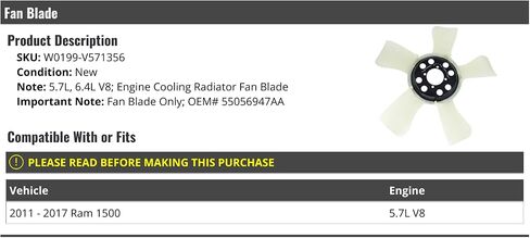 Engine Cooling Radiator Fan Blade - Compatible with 2011-2017 Ram 1500 5.7L V8 in Saudi Arabia