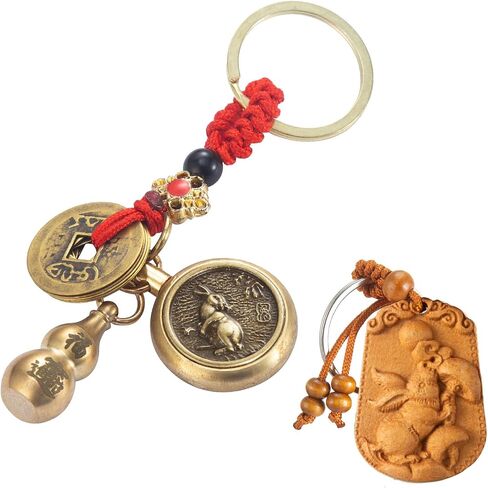 سلسلة مفاتيح محظوظة 2 في 1 من Feng Shui Wu Lou Brass Gourd 12 من خشب البروج المنحوت - هدية على الطراز الصيني للتجميع والهدايا (النمر) in Kuwait
