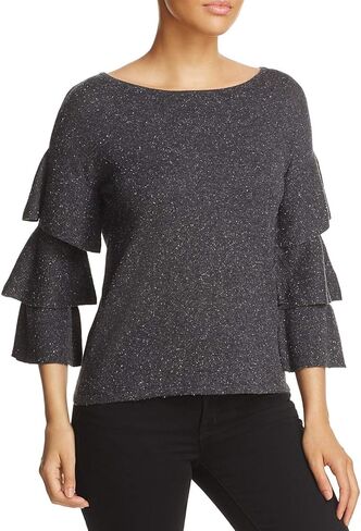 Women's Tiered Ruffled Bell Sleeve Donegal Sweater, Charcoal Gray (Large) in Saudi Arabia