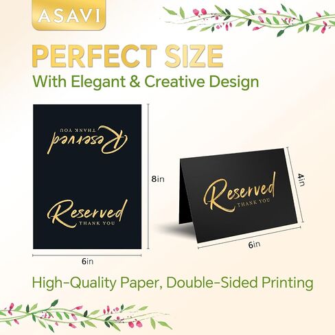 10PCS Gold Reserved Sign Double-Sided Folded Cards - 8x6 Inch Premium Paper Table Tents for Weddings, Parties, Restaurants | Reserved Seat Signs | Rustic Greenery Table Place Cards (Black gold) in Saudi Arabia
