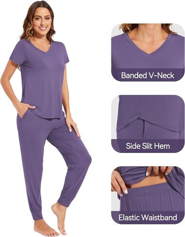 بيجامة WiWi للنساء طقم بيجامة ناعمة بأكمام قصيرة مع بنطال رياضي فيسكوز من الخيزران Pjs S-XXL in Saudi Arabia