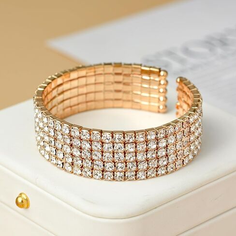 Rhinestone Bracelet for Women;5-layer Crystal Stretch Bracelets,14K Gold Plated Bangle for Prom Party Wedding Dating in Saudi Arabia