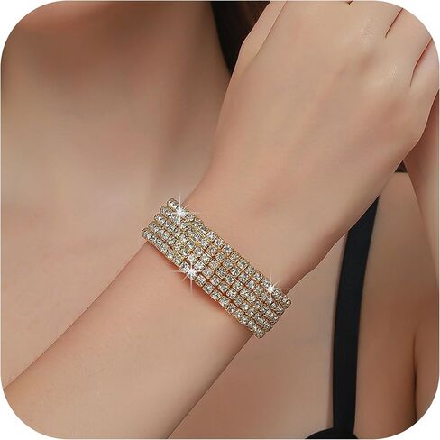 Rhinestone Bracelet for Women;5-layer Crystal Stretch Bracelets,14K Gold Plated Bangle for Prom Party Wedding Dating in Saudi Arabia