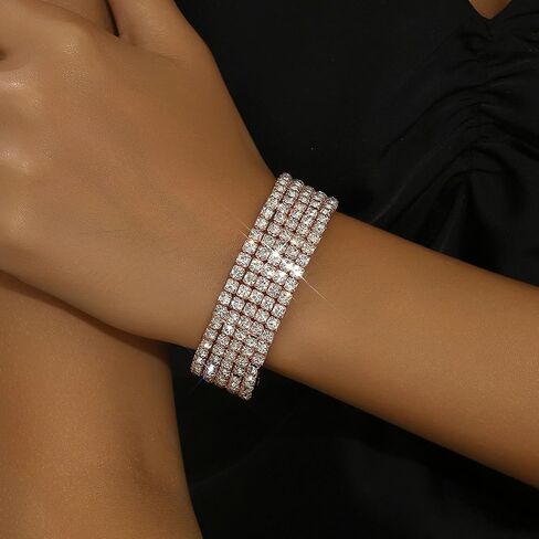 Rhinestone Bracelet for Women;5-layer Crystal Stretch Bracelets,14K Gold Plated Bangle for Prom Party Wedding Dating in Saudi Arabia