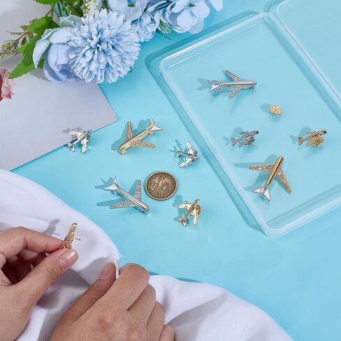 PH PandaHall 10pcs Airplane Brooch Pins 4 Styles Rhinestone Crystal Aircraft Brooches Flight Plane Tie Pins Lapel Pin for Women Men Suit Shirt Sweater Hat Coat Dress Bag Accessories, Platinum, Gold in Saudi Arabia